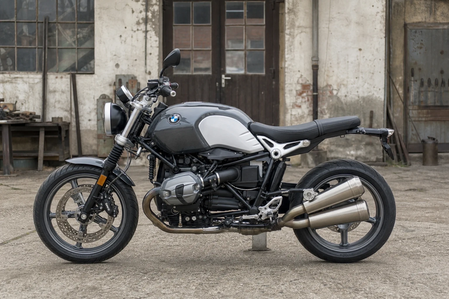 Seitenansicht (Fahrerseite) der BMW R nine T (& Pure, Racer, Scrambler, Urban G/S) als Naked Bike (mit KI erzeugt)