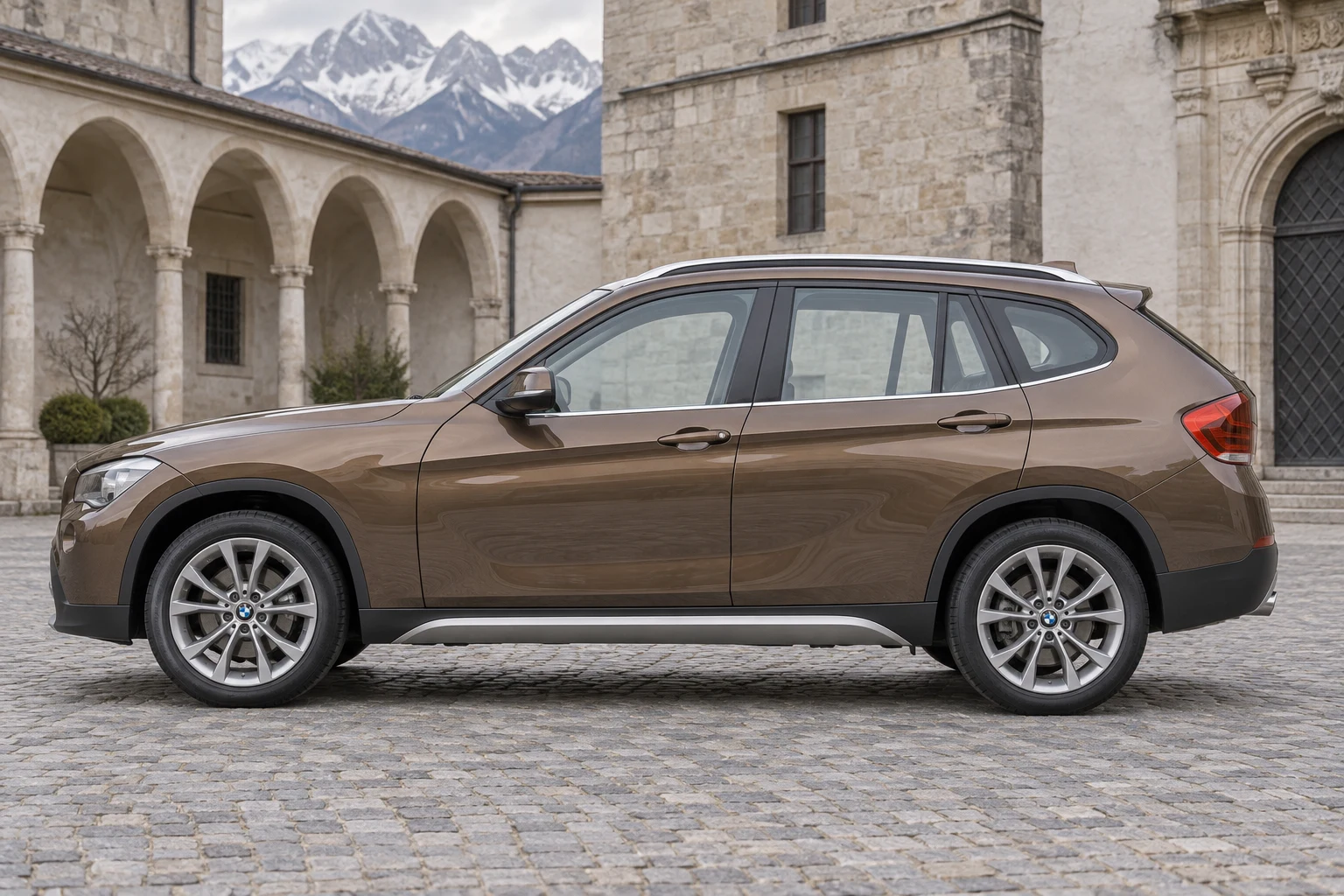 Seitenansicht (Fahrerseite) des BMW X1 3 als SUV (mit KI erzeugt)
