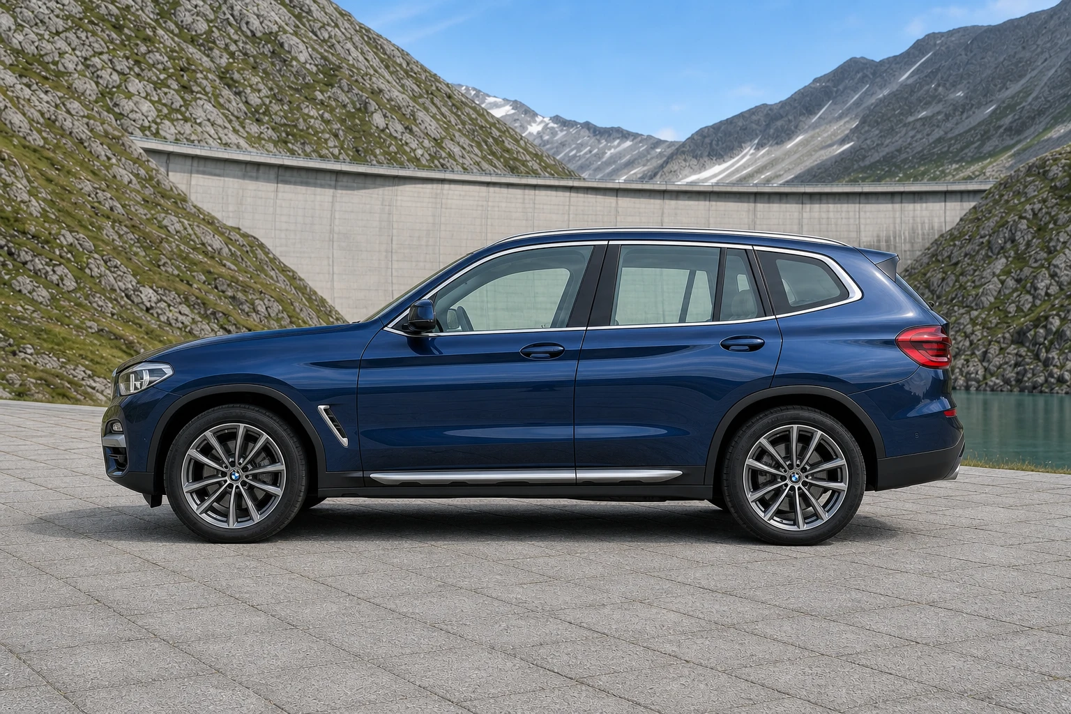 Seitenansicht (Fahrerseite) des BMW X3 3 als SUV (mit KI erzeugt)