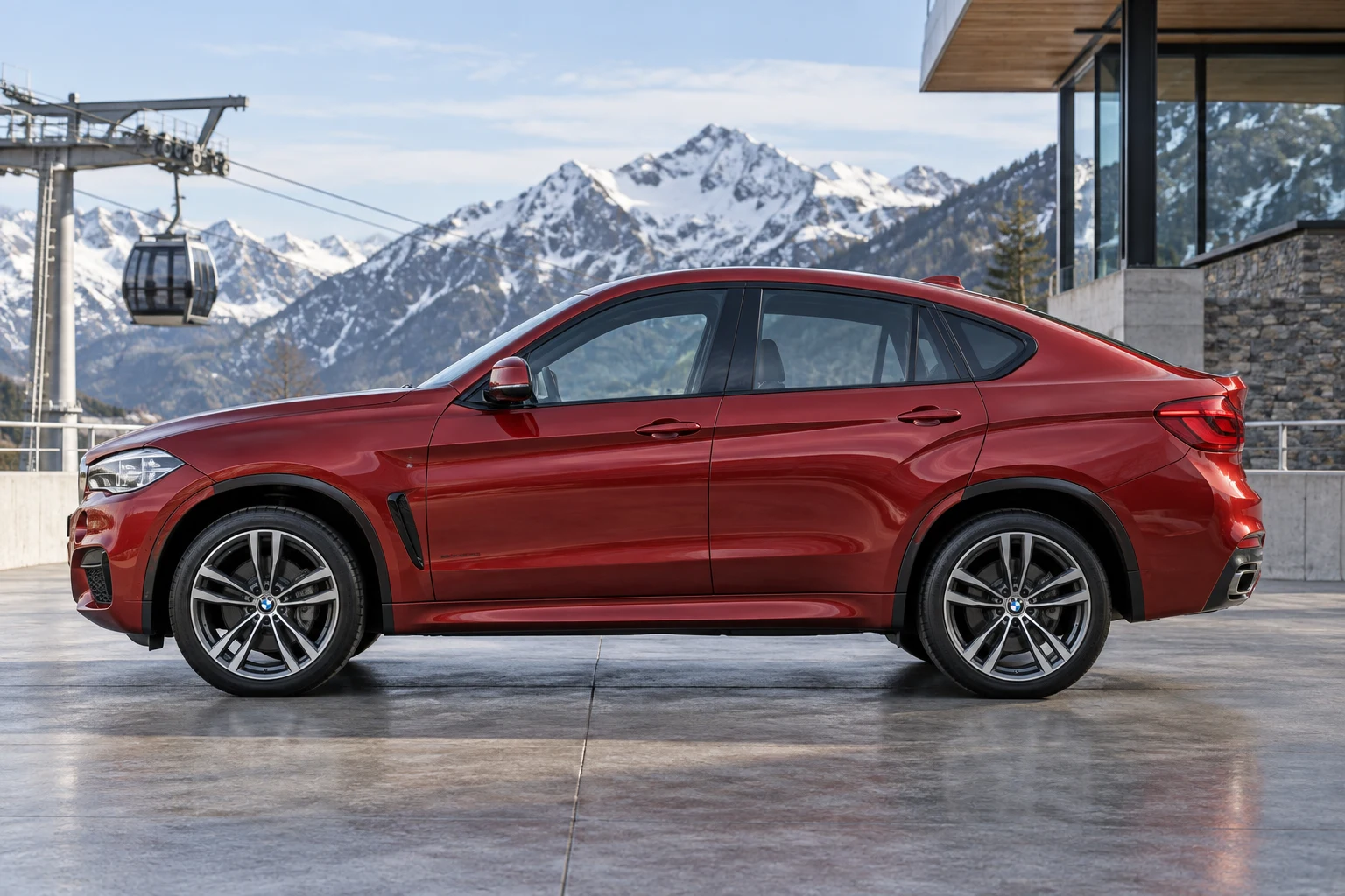 Seitenansicht (Fahrerseite) des BMW X6 2 als SUV (mit KI erzeugt)