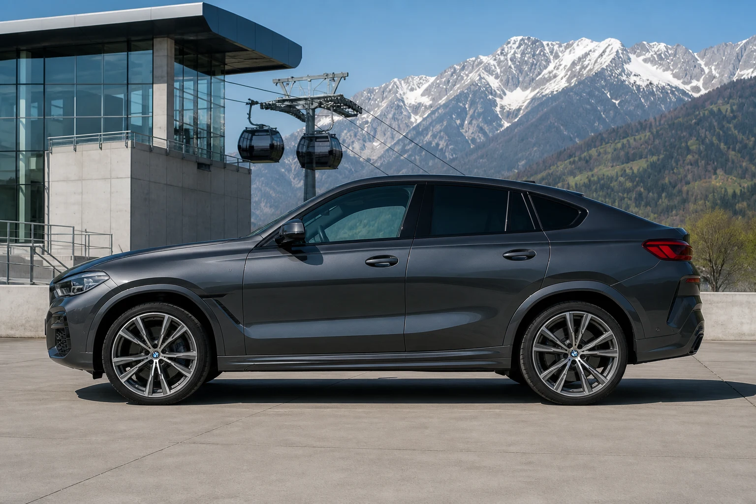 Seitenansicht (Fahrerseite) des BMW X6 3 als SUV (mit KI erzeugt)