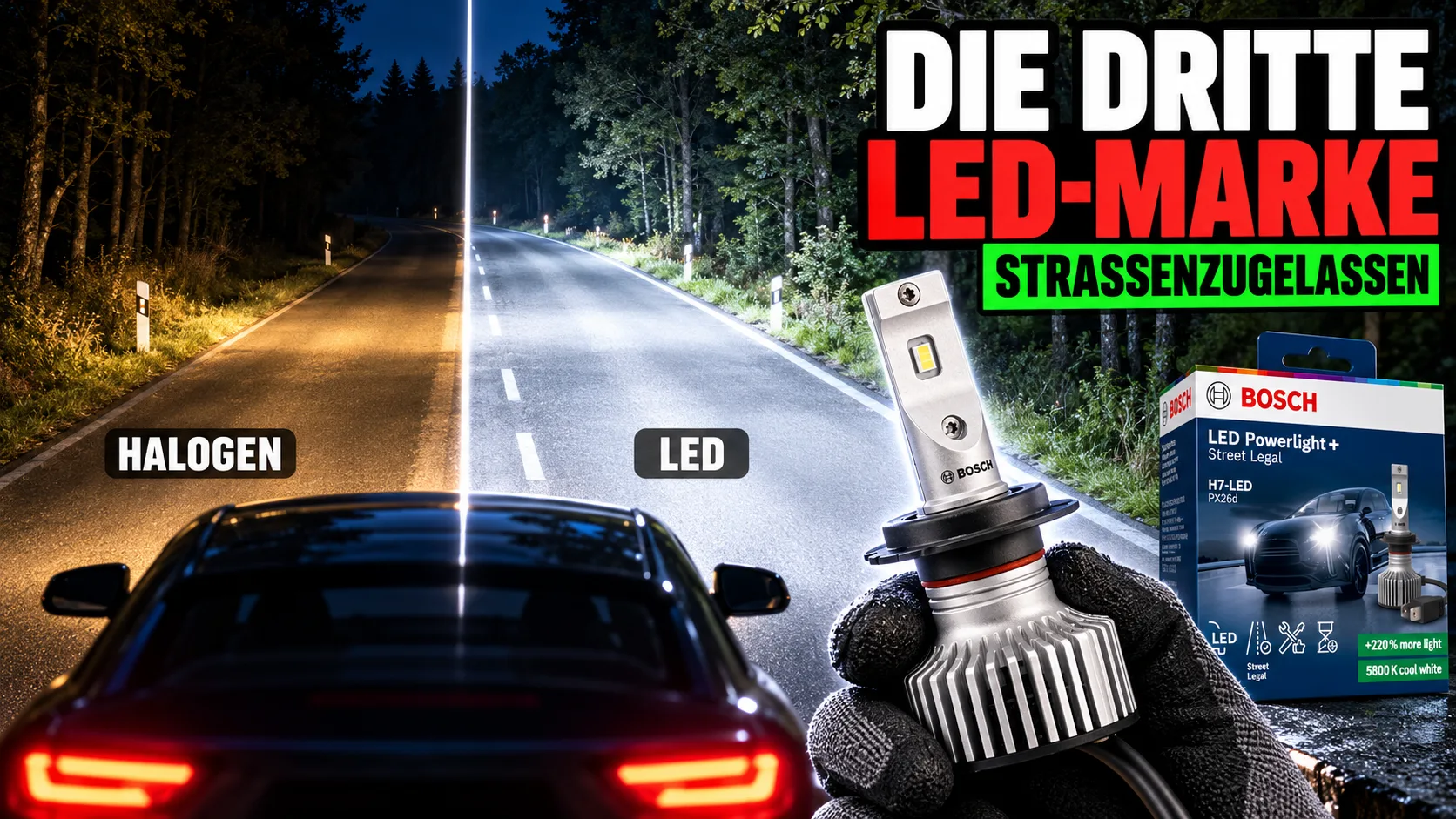 YouTube-artiges Titelbild: Eine nächtliche Landstraße, links nur schwach gelblich vom Halogenlicht beleuchtet, rechts hell und weiß vom LED-Licht; im Vordergrund hält eine Hand im Arbeitshandschuh eine Bosch-H7-LED, daneben die Packung der Bosch LED Powerlight+; der Text lautet: DIE DRITTE LED-MARKE – STRASSENZUGELASSEN (mit KI erzeugt)