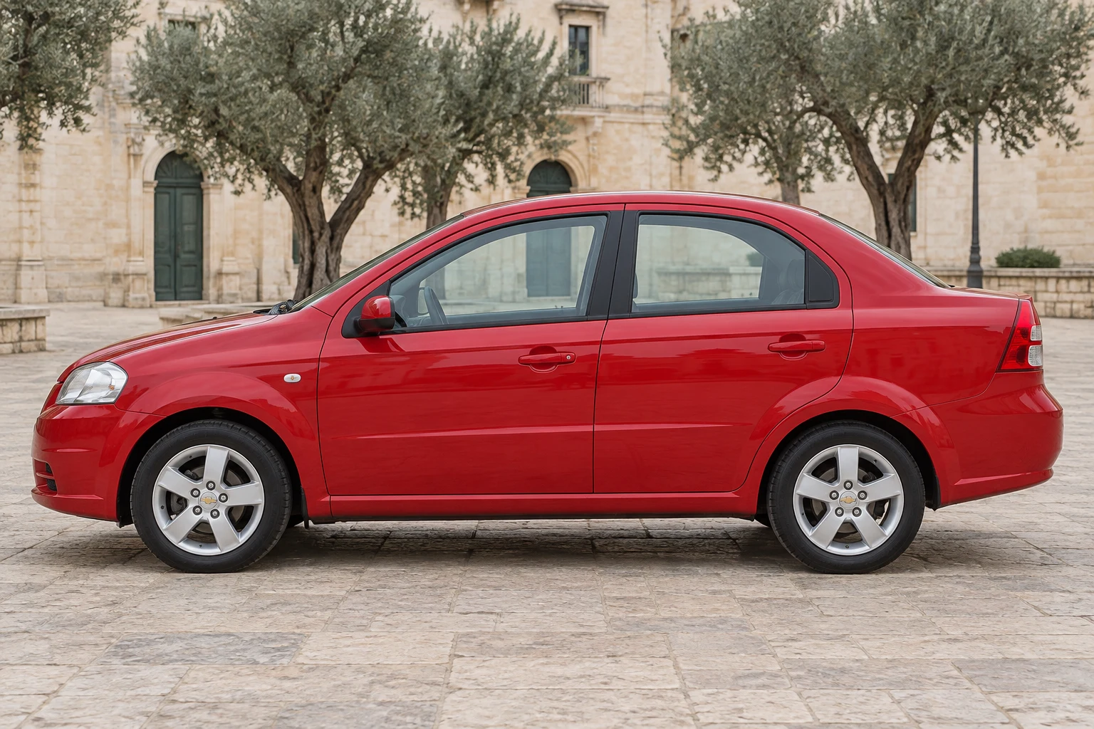 Seitenansicht (Fahrerseite) des Chevrolet Aveo 1 als Limousine (mit KI erzeugt)