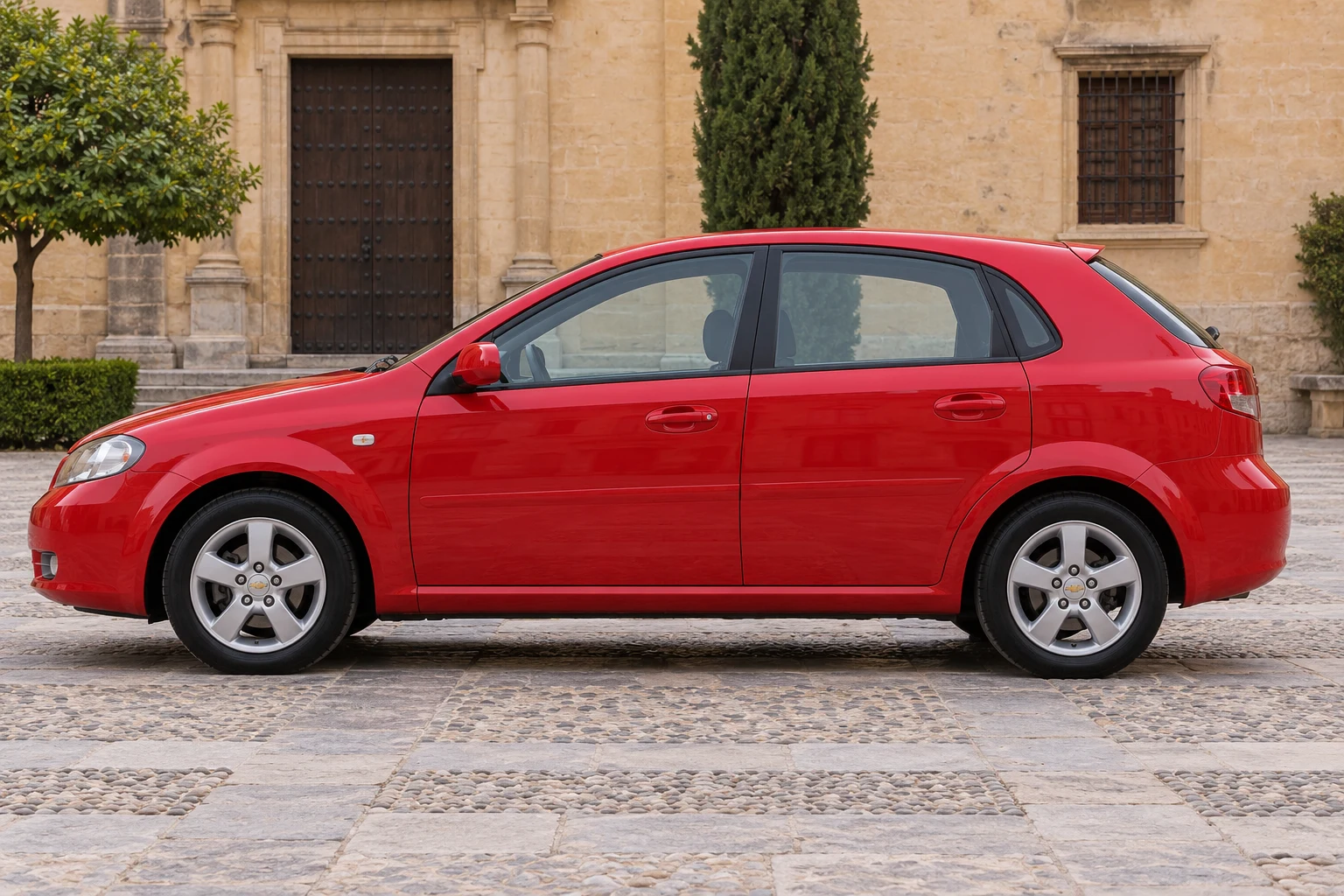 Seitenansicht (Fahrerseite) des Chevrolet Lacetti/Nubira 1 als Lacetti Schrägheck (mit KI erzeugt)