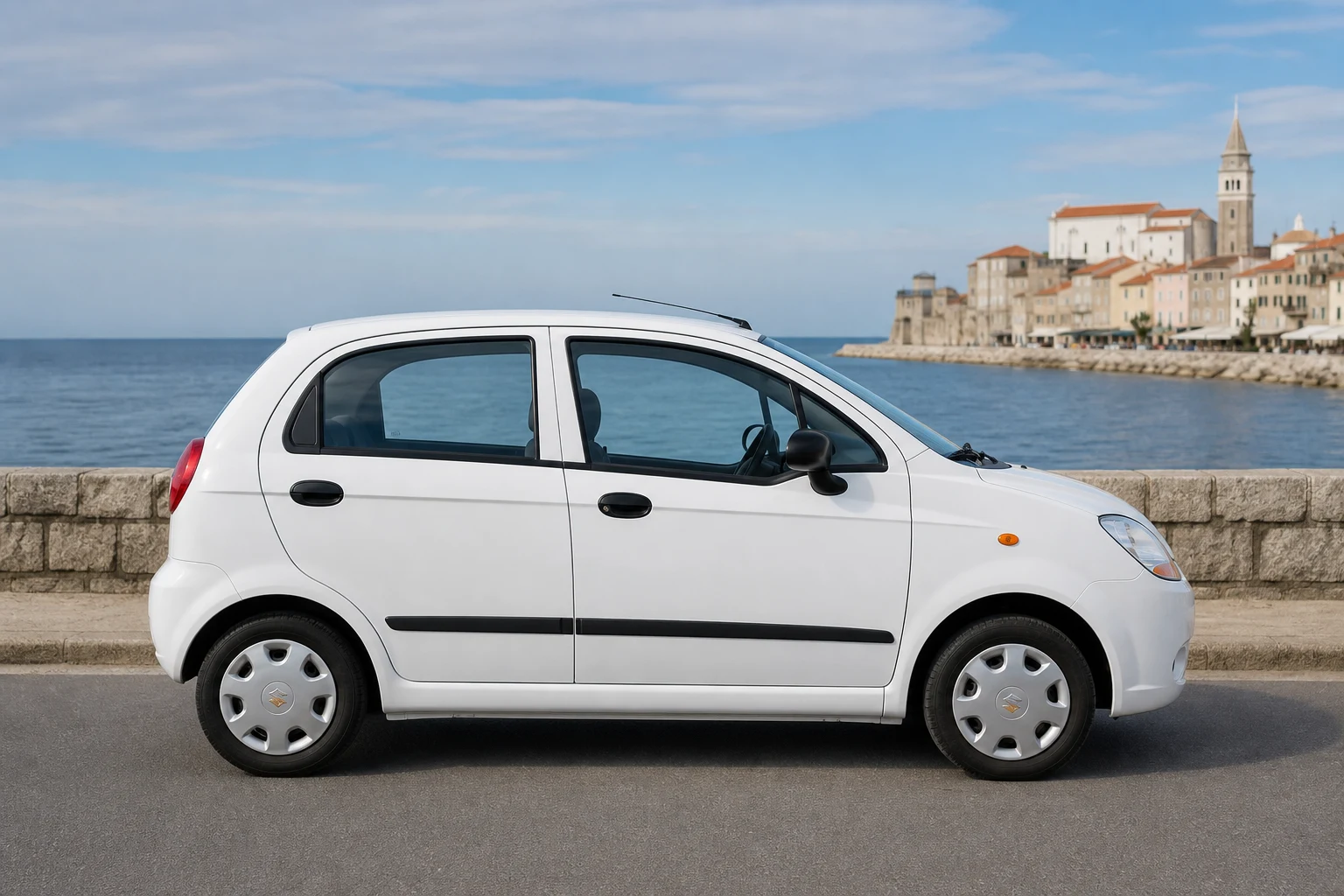 Seitenansicht (Fahrerseite) des Chevrolet Matiz 1 als Schrägheck (mit KI erzeugt)