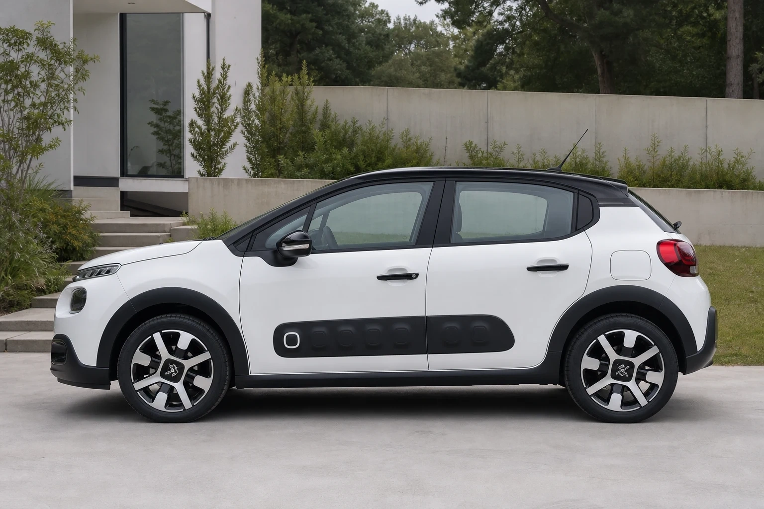 Seitenansicht (Fahrerseite) des Citroën C3 3. Gen als 3-, 5-Türer (mit KI erzeugt)