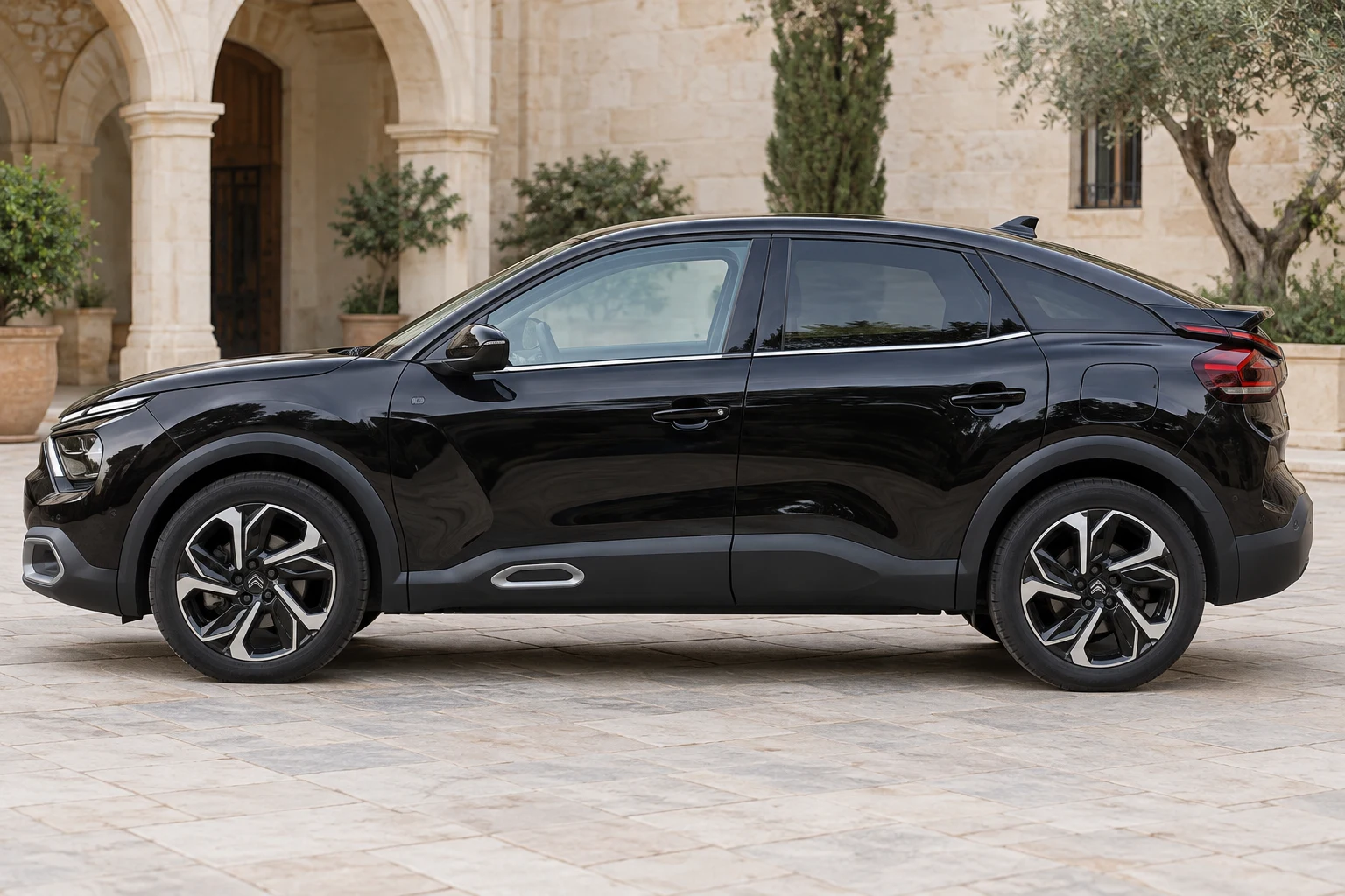 Seitenansicht (Fahrerseite) des Citroën C4 4 als Schrägheck (mit KI erzeugt)