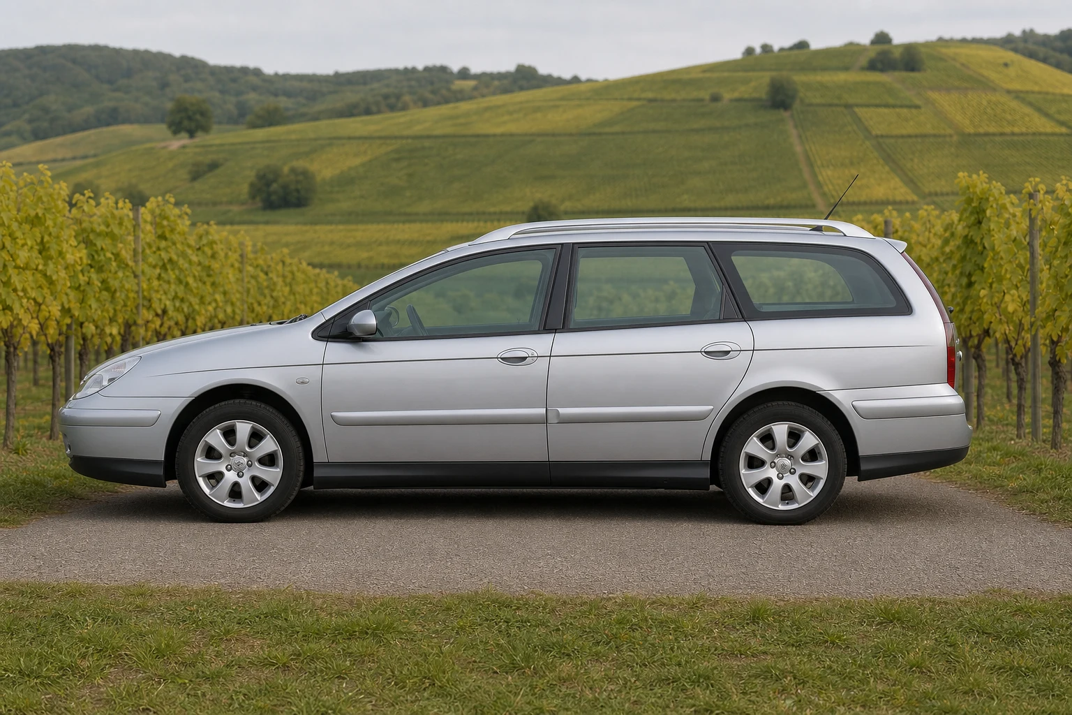 Seitenansicht (Fahrerseite) des Citroën C5 1 als Kombi (Break) (mit KI erzeugt)