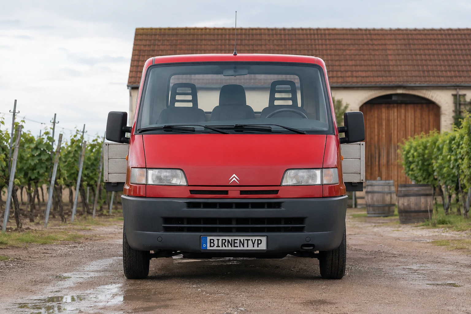 Heck-Ansicht des Citroën Jumper 1. Gen (Pritsche / Fahrgestell) (mit KI erzeugt)