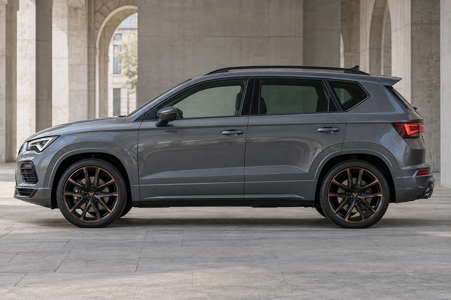 Seitenansicht (Fahrerseite) des Seat / Cupra Ateca 1 Facelift als SUV (mit KI erzeugt)