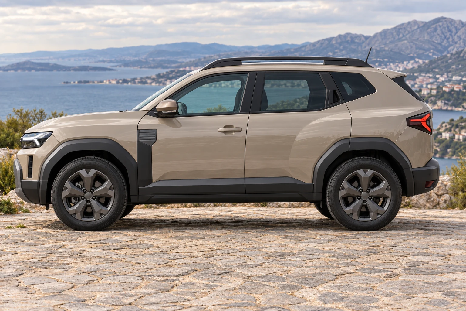 Seitenansicht (Fahrerseite) des Dacia Duster 3 als SUV (mit KI erzeugt)