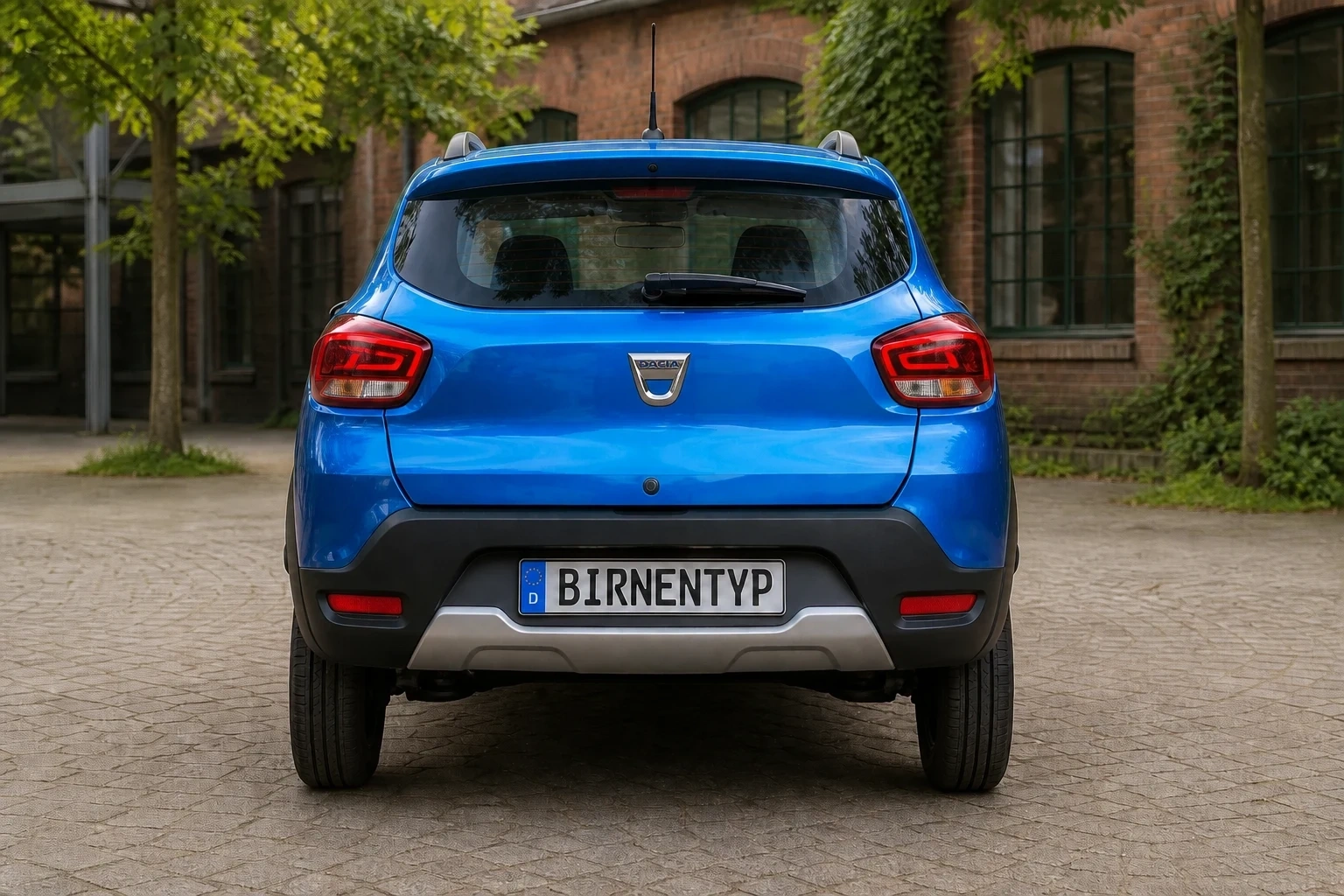 Heck-Ansicht des Dacia Spring 1. Gen (mit KI erzeugt)