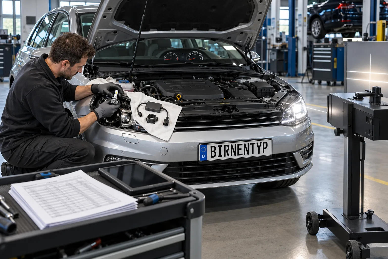Ein Techniker setzt in einer Prüfhalle eine LED-Nachrüstlampe in den Scheinwerfer eines silbernen Autos mit dem Kennzeichen BIRNENTYP ein, daneben liegen CANbus-Adapter und Adapterring, ein Scheinwerfer-Einstellgerät steht vor dem Fahrzeug (mit KI erzeugt)