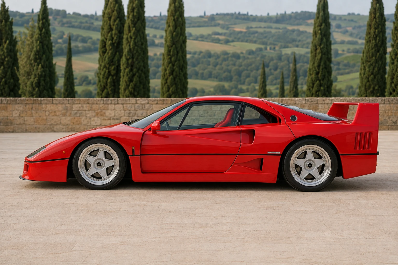 Seitenansicht (Fahrerseite) des Ferrari F40 1 als Coupé (mit KI erzeugt)