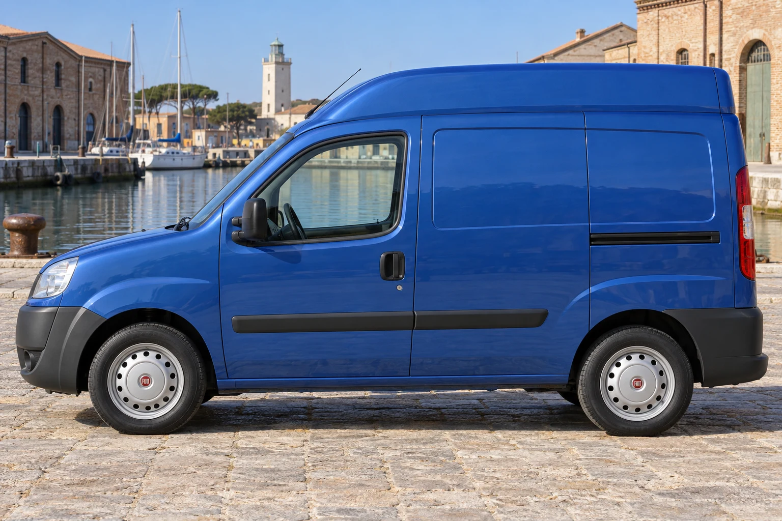 Seitenansicht (Fahrerseite) des Fiat Doblò 1 als Cargo (Kastenwagen) (mit KI erzeugt)