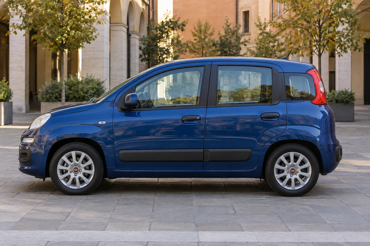 Seitenansicht (Fahrerseite) des Fiat Panda 3 als 5-Türer (mit KI erzeugt)
