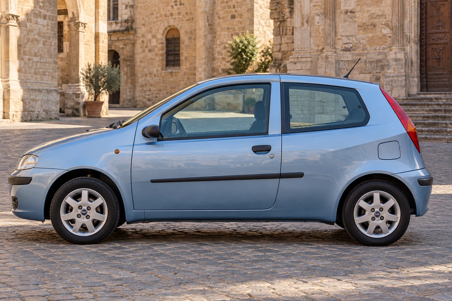 Seitenansicht (Fahrerseite) des Fiat Punto 2 als Schrägheck (3-Türer) (mit KI erzeugt)