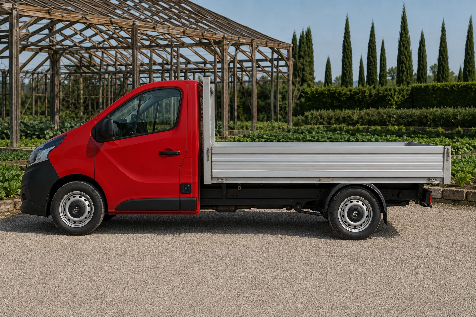 Seitenansicht (Fahrerseite) des Fiat Talento 1. Gen als Pritsche / Fahrgestell (mit KI erzeugt)