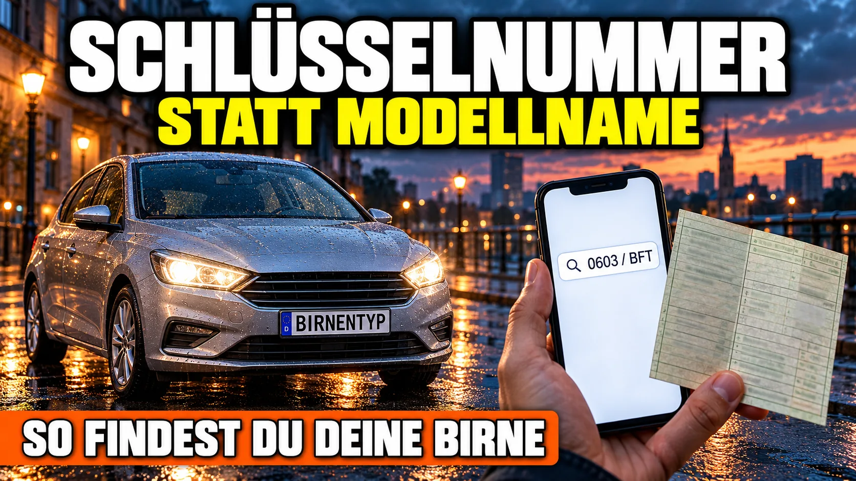 KI-generiertes Thumbnail: silbernes Kompaktauto bei Dämmerung auf nasser Straße mit Kennzeichen BIRNENTYP, daneben eine Hand mit Smartphone, auf dem eine Schlüsselnummer ins Suchfeld getippt ist, und ein Fahrzeugschein; Aufschrift Schlüsselnummer – statt Modellname – So findest Du Deine Birne (mit KI erzeugt)