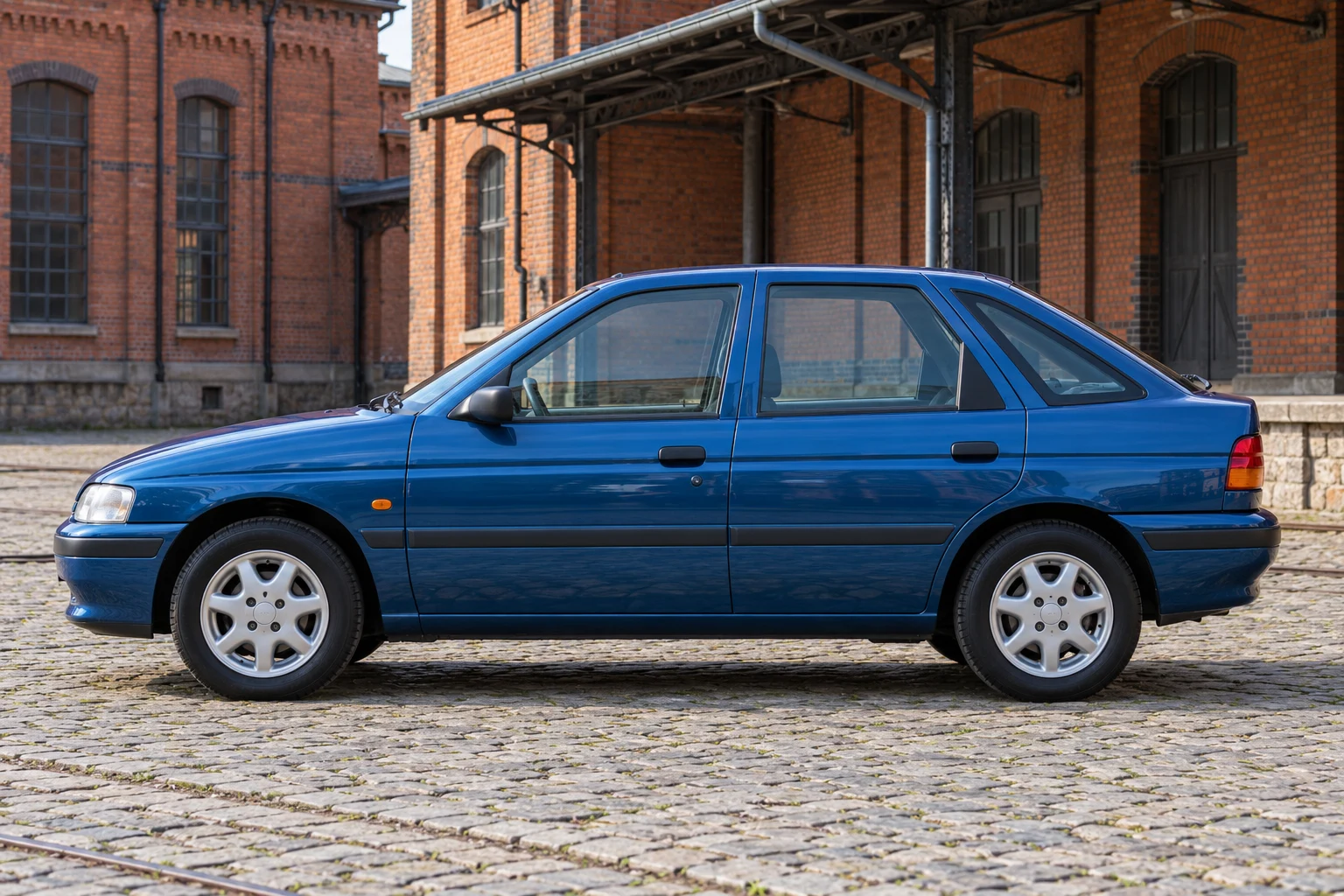 Seitenansicht (Fahrerseite) des Ford Escort 5 als 5-Türer (Schrägheck) (mit KI erzeugt)