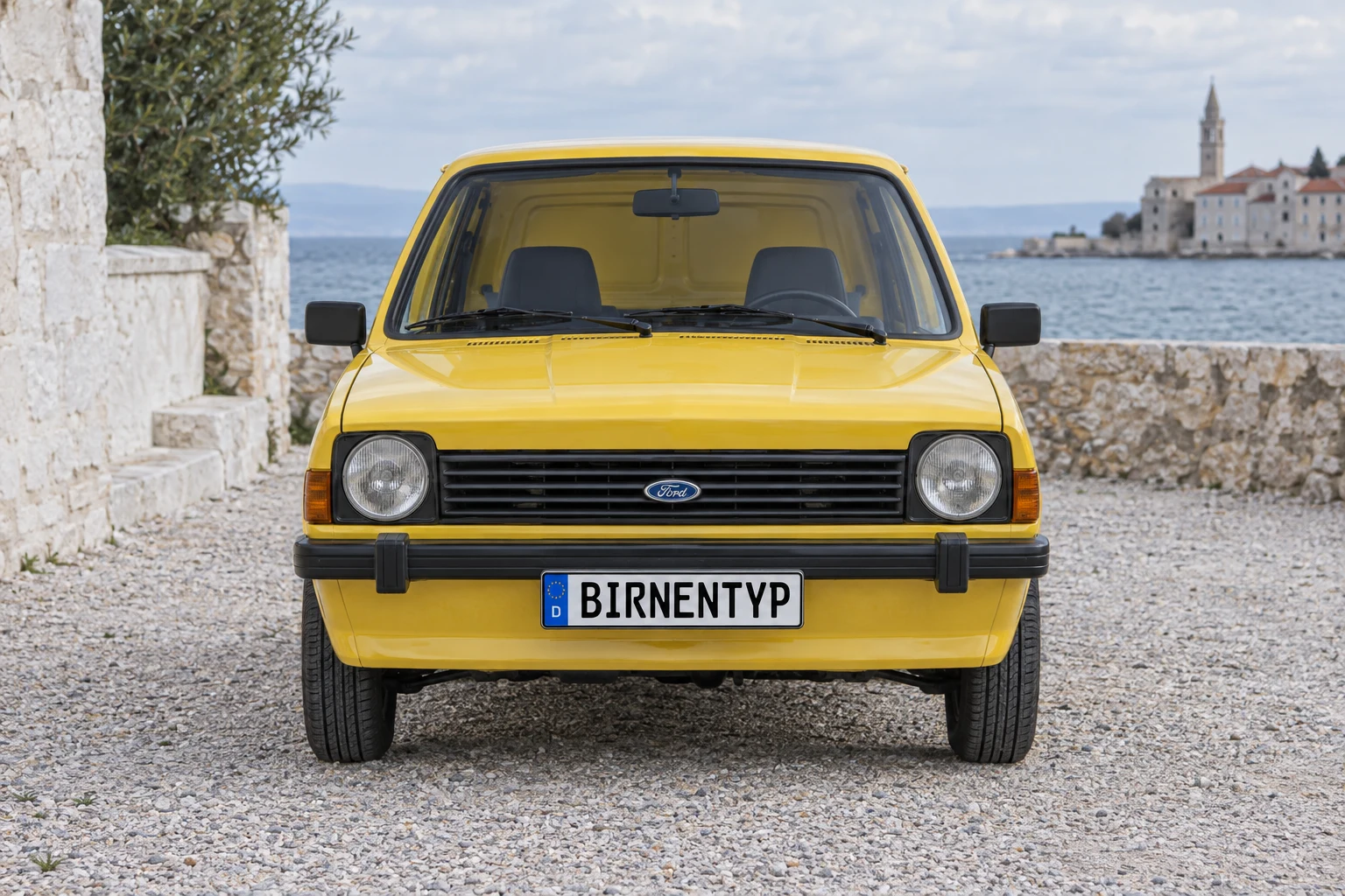 Frontansicht des Ford Fiesta 1 (Kastenwagen) (mit KI erzeugt)