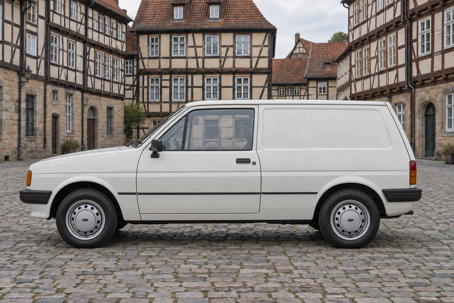 Seitenansicht (Fahrerseite) des Ford Fiesta 2 als Kastenwagen (mit KI erzeugt)