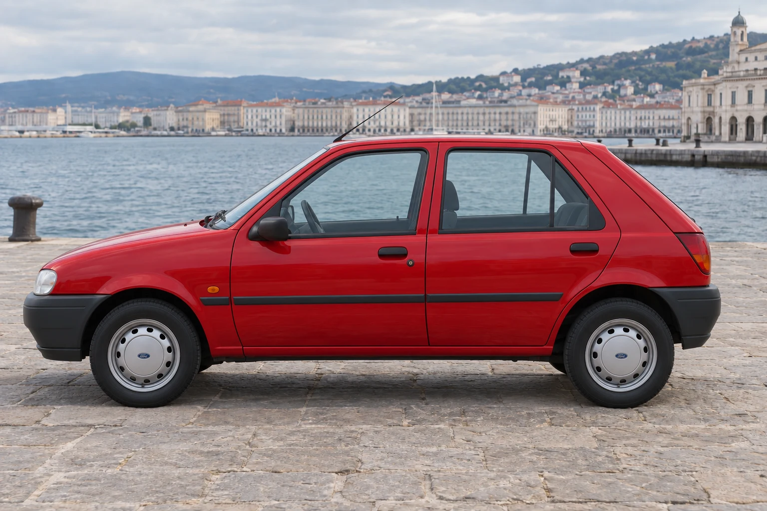 Seitenansicht (Fahrerseite) des Ford Fiesta 3 als 5-Türer (Schrägheck) (mit KI erzeugt)