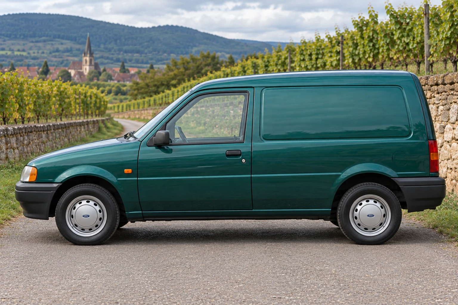 Seitenansicht (Fahrerseite) des Ford Fiesta 3 als Courier Kastenwagen (mit KI erzeugt)
