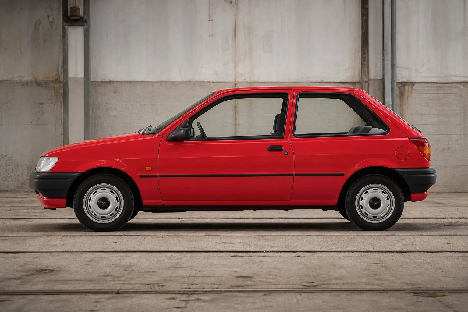 Seitenansicht (Fahrerseite) des Ford Fiesta 3. Gen als 3-Türer (Schrägheck) (mit KI erzeugt)