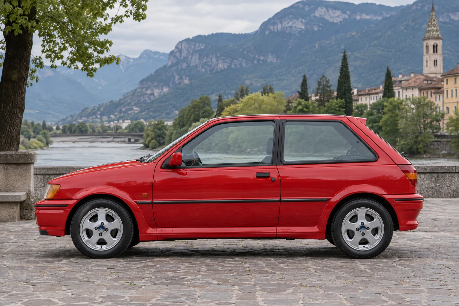 Seitenansicht (Fahrerseite) des Ford Fiesta 3 als XR2i / RS Turbo / RS 1800 (mit KI erzeugt)