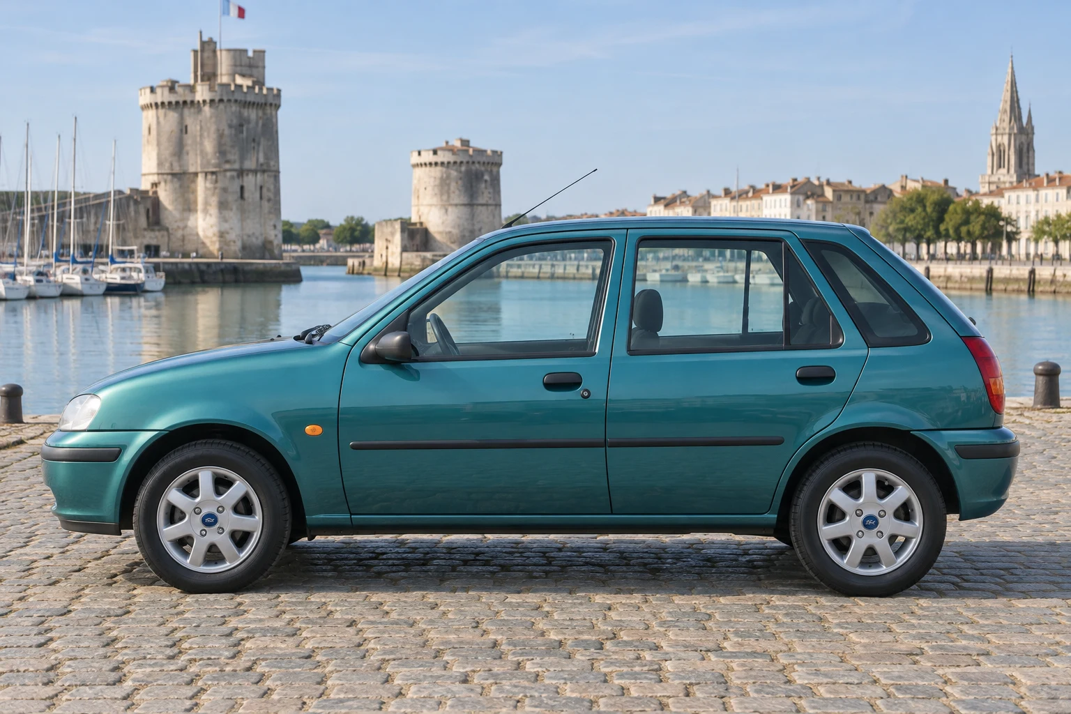 Seitenansicht (Fahrerseite) des Ford Fiesta 4. Gen als 5-Türer (Schrägheck) (mit KI erzeugt)