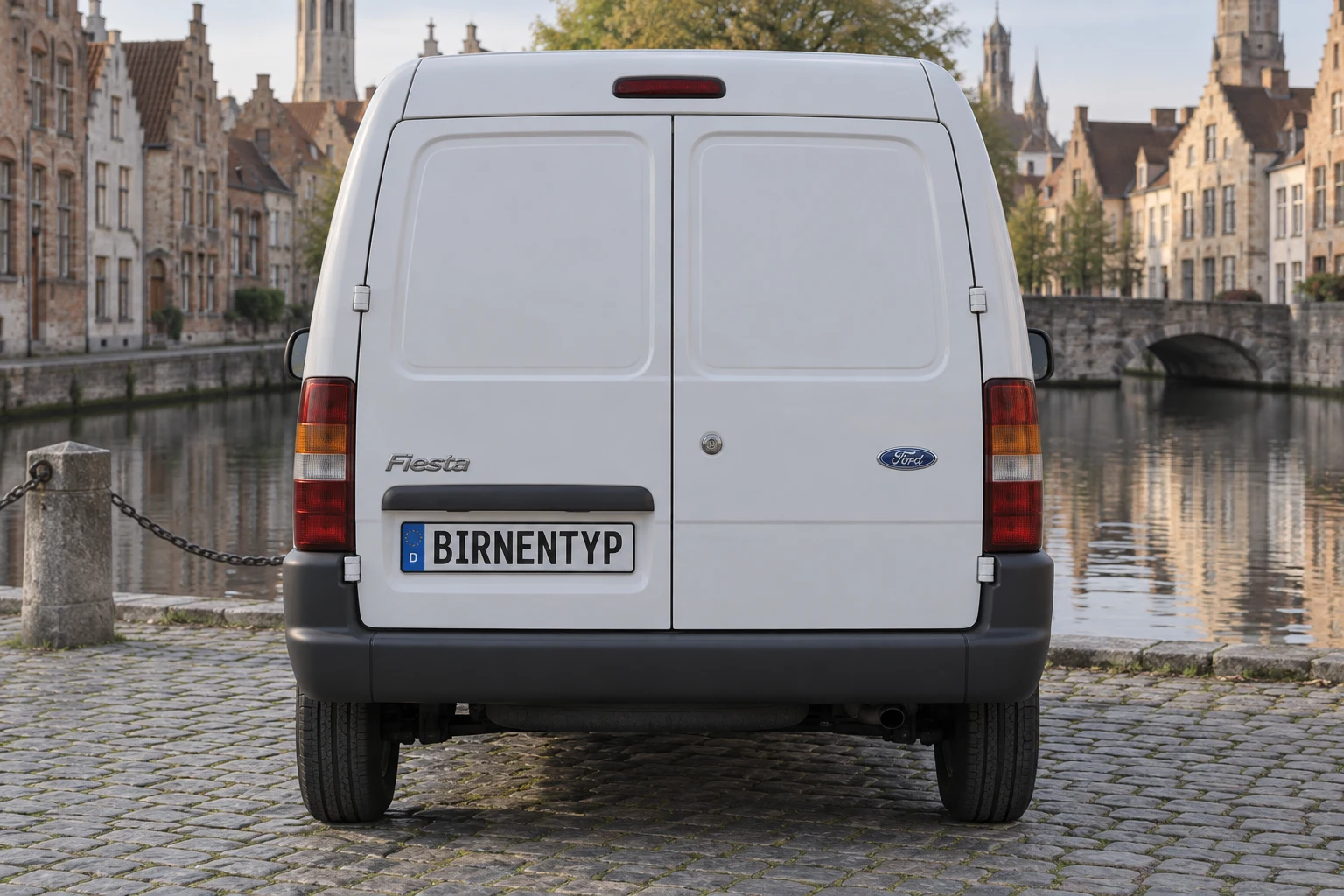 Heck-Ansicht des Ford Fiesta 4. Gen (Courier Kastenwagen) (mit KI erzeugt)