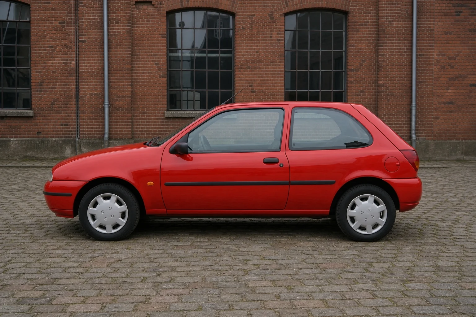 Seitenansicht (Fahrerseite) des Ford Fiesta 4. Gen als 3-Türer (Schrägheck) (mit KI erzeugt)