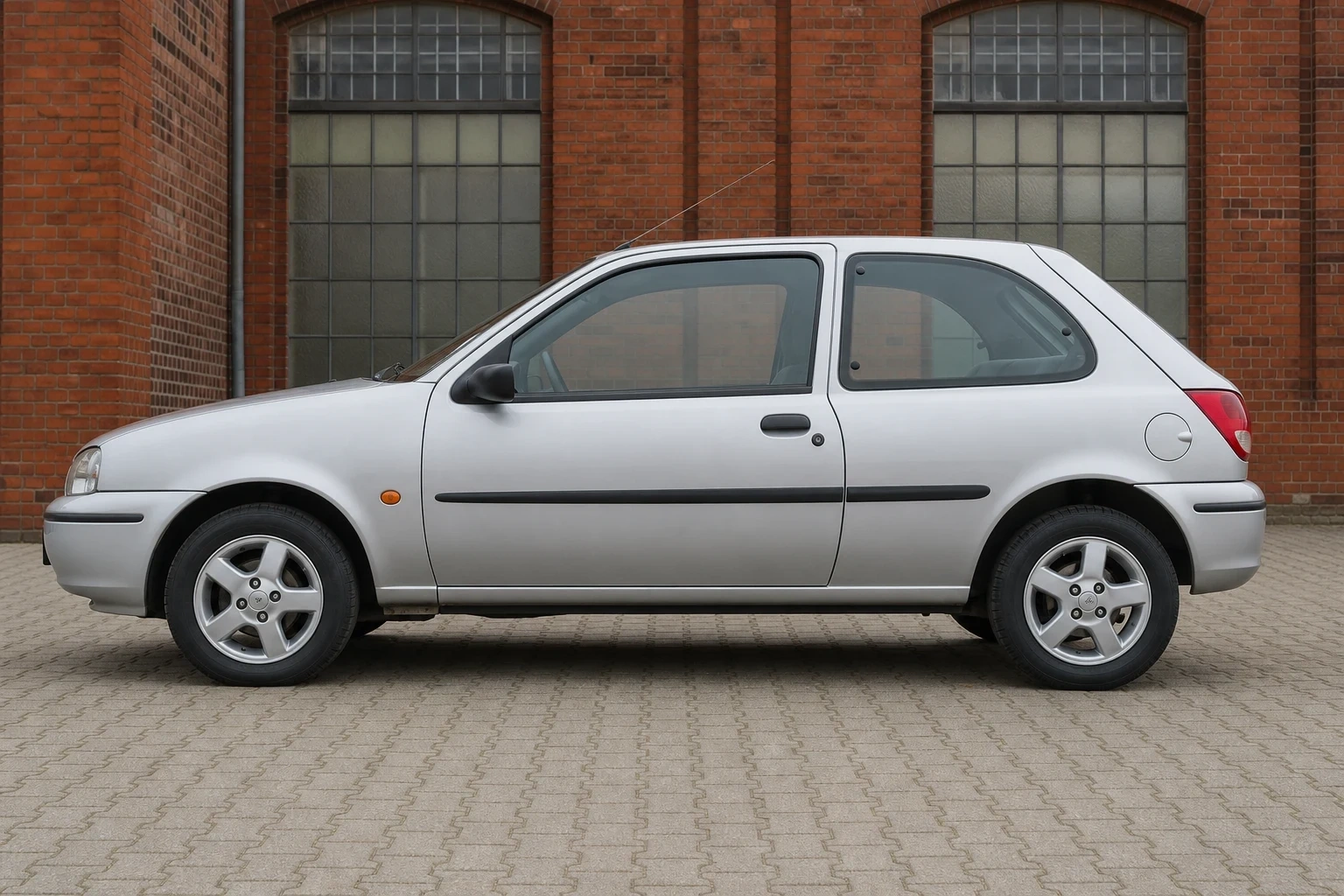 Seitenansicht (Fahrerseite) des Ford Fiesta 5. Gen als 3-Türer (Schrägheck) (mit KI erzeugt)