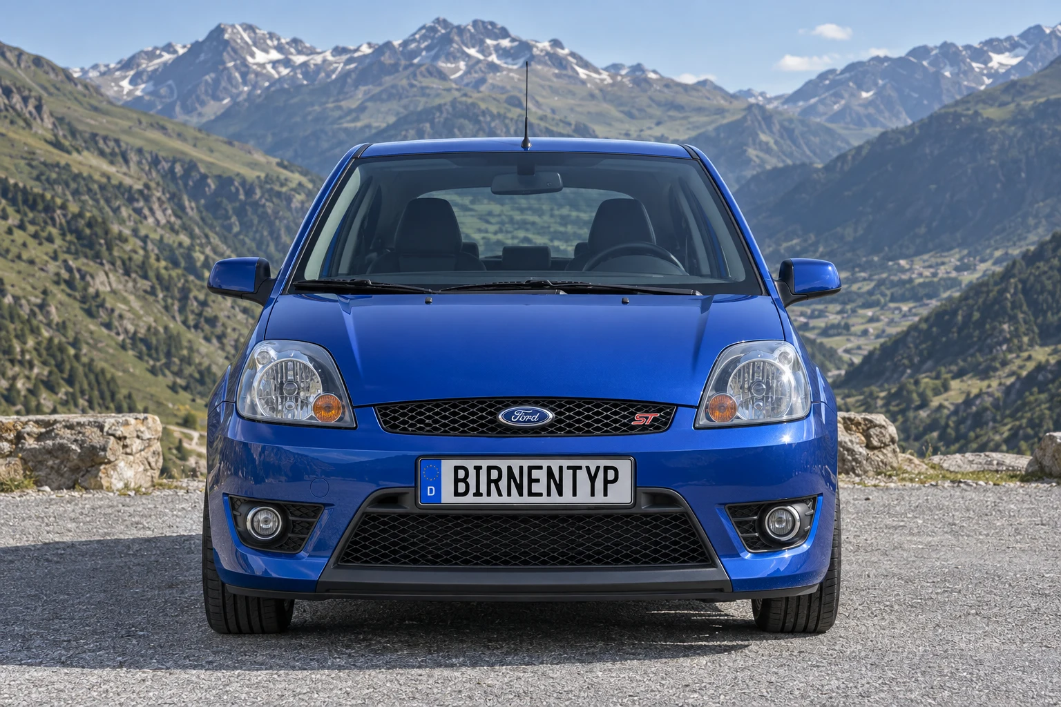 Frontansicht des Ford Fiesta 6. Gen (ST (150 PS)) (mit KI erzeugt)