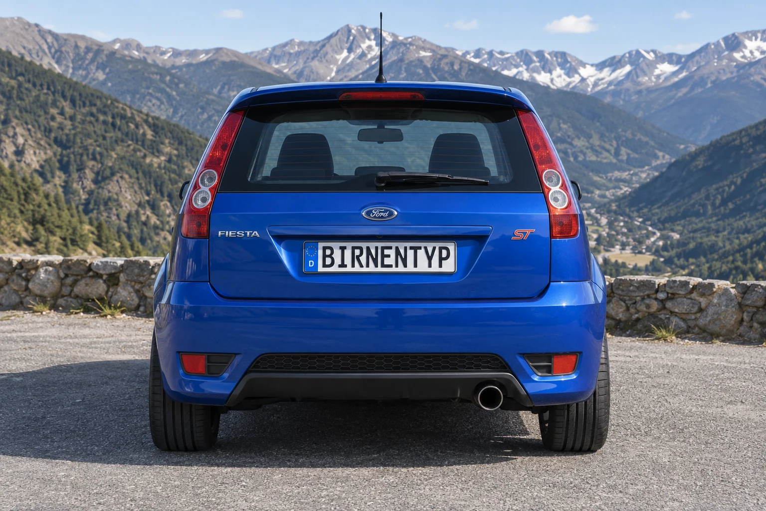 Heck-Ansicht des Ford Fiesta 6. Gen (ST (150 PS)) (mit KI erzeugt)