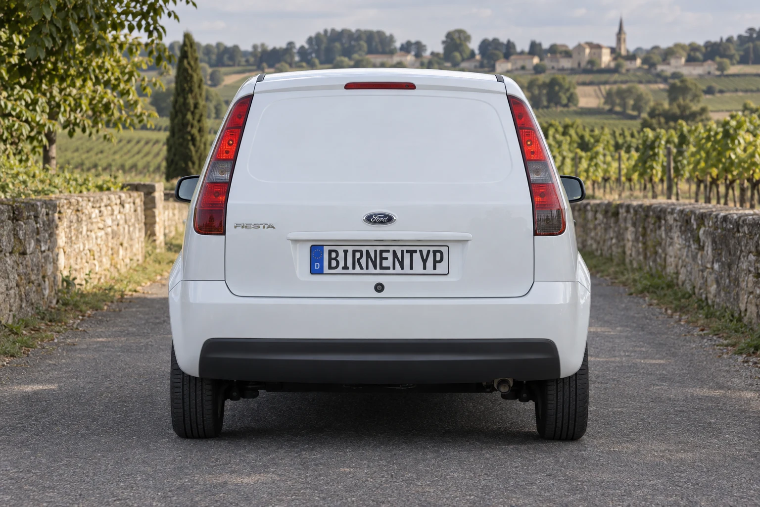 Heck-Ansicht des Ford Fiesta 6. Gen (Van) (mit KI erzeugt)