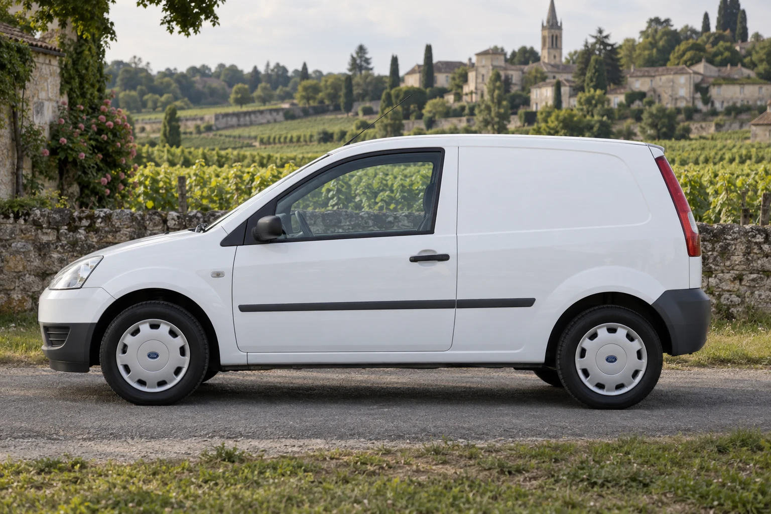 Seitenansicht (Fahrerseite) des Ford Fiesta 6. Gen als Van (mit KI erzeugt)