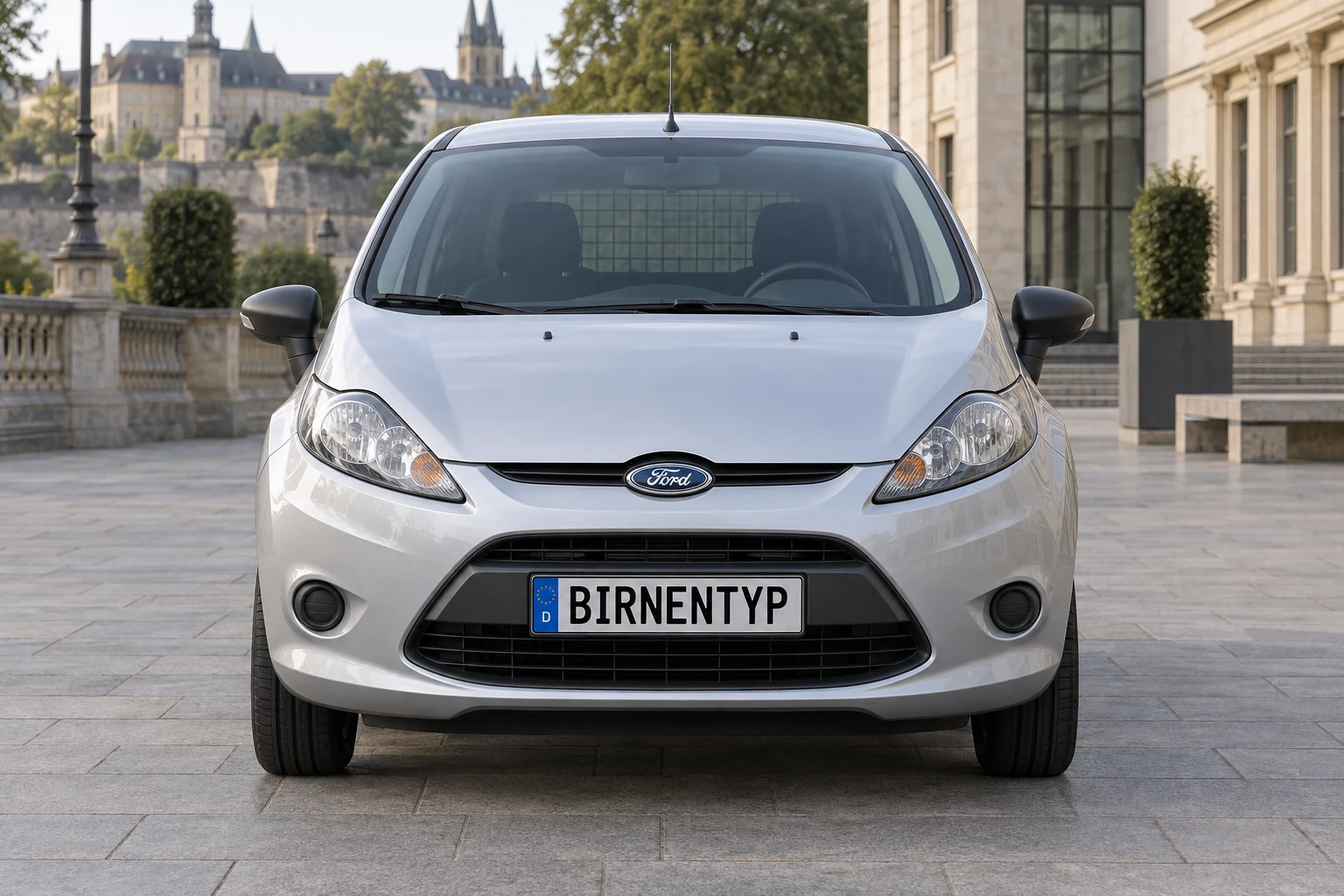 Frontansicht des Ford Fiesta 7. Gen (Van) (mit KI erzeugt)