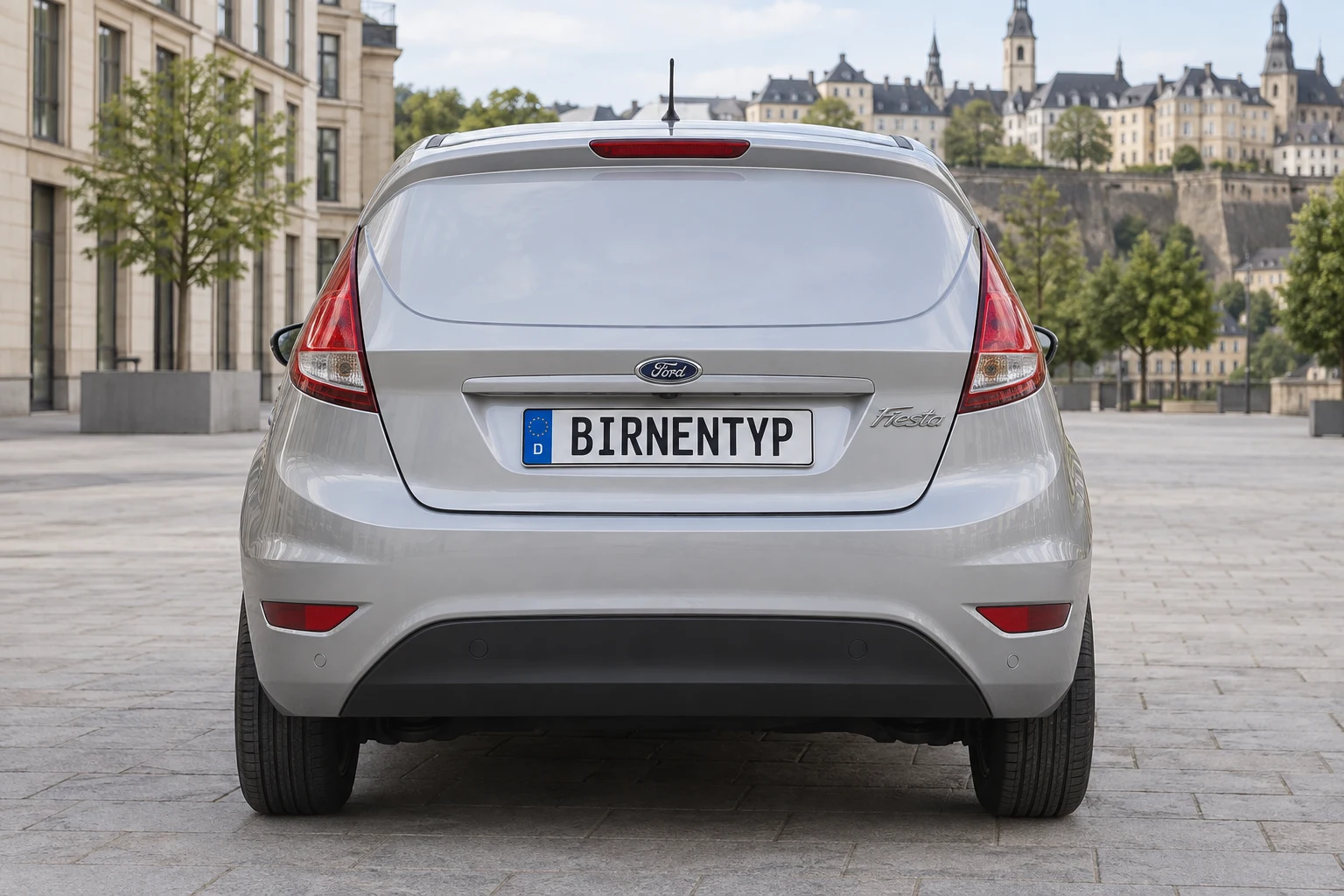 Heck-Ansicht des Ford Fiesta 7. Gen (Van) (mit KI erzeugt)