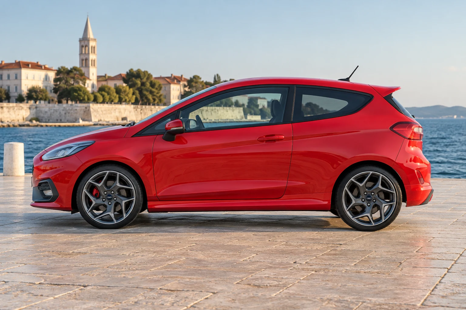 Seitenansicht (Fahrerseite) des Ford Fiesta MK8 als ST (200 PS) (mit KI erzeugt)