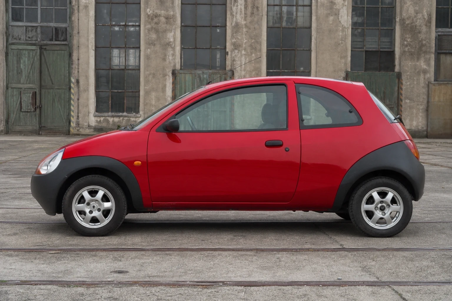 Seitenansicht (Fahrerseite) des Ford Ka 1. Gen als 3-Türer (Schrägheck) (mit KI erzeugt)
