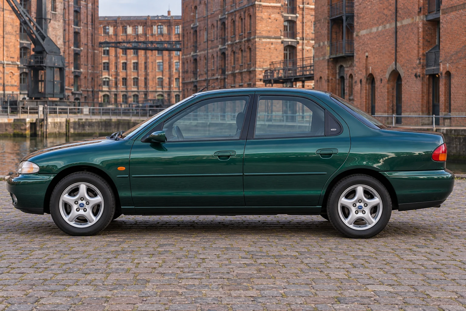 Seitenansicht (Fahrerseite) des Ford Mondeo 1 als Stufenheck (Sedan 4-türig) (mit KI erzeugt)