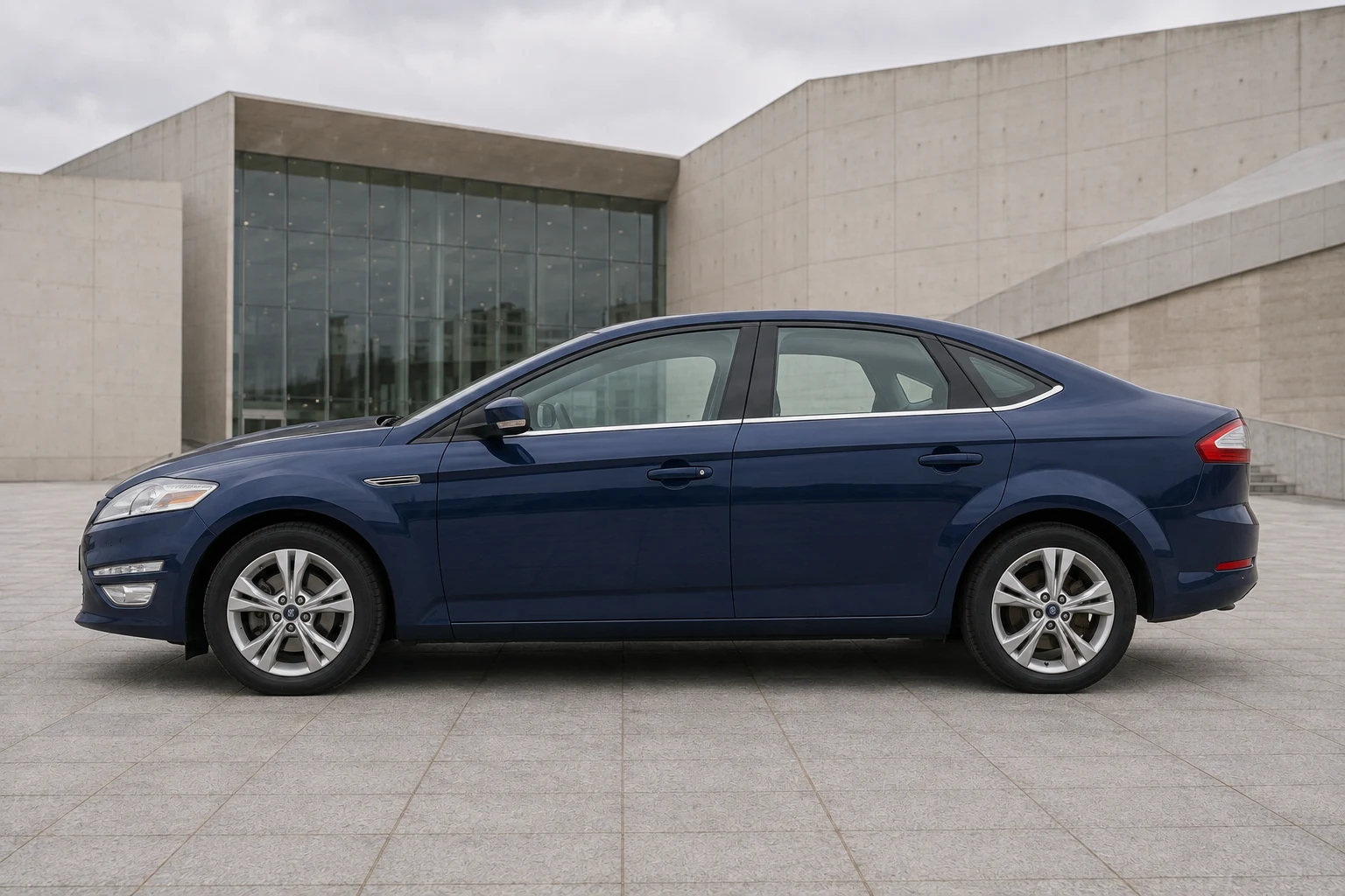 Seitenansicht (Fahrerseite) des Ford Mondeo als Fließheck (5-türig) (mit KI erzeugt)