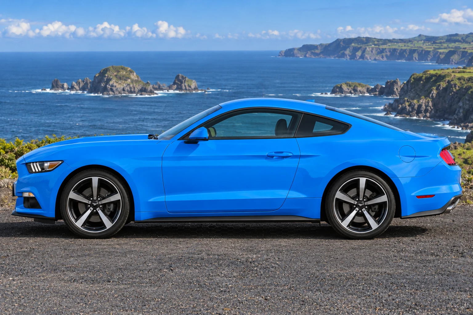 Seitenansicht (Fahrerseite) des Ford Mustang 6 als Fastback Coupé (mit KI erzeugt)