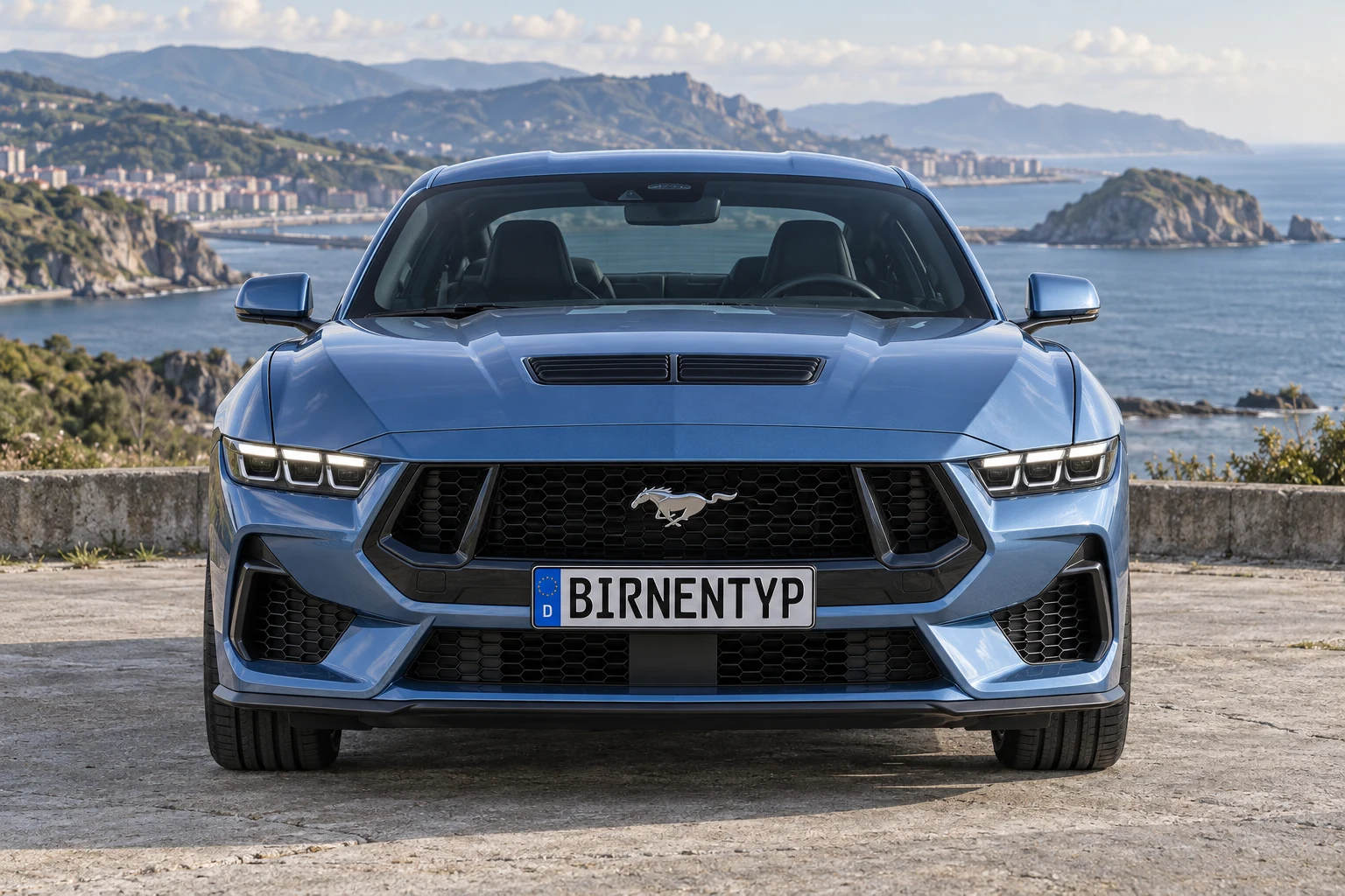 Frontansicht des Ford Mustang 7 (GT (5.0 Coyote V8) / Dark Horse (500 PS)) (mit KI erzeugt)