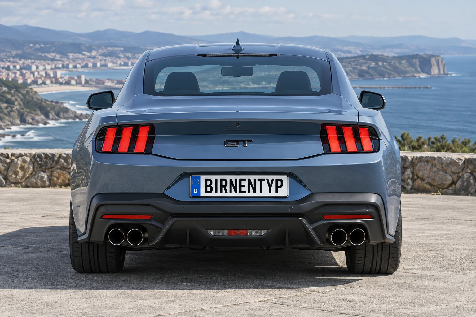 Heck-Ansicht des Ford Mustang 7 (GT (5.0 Coyote V8) / Dark Horse (500 PS)) (mit KI erzeugt)