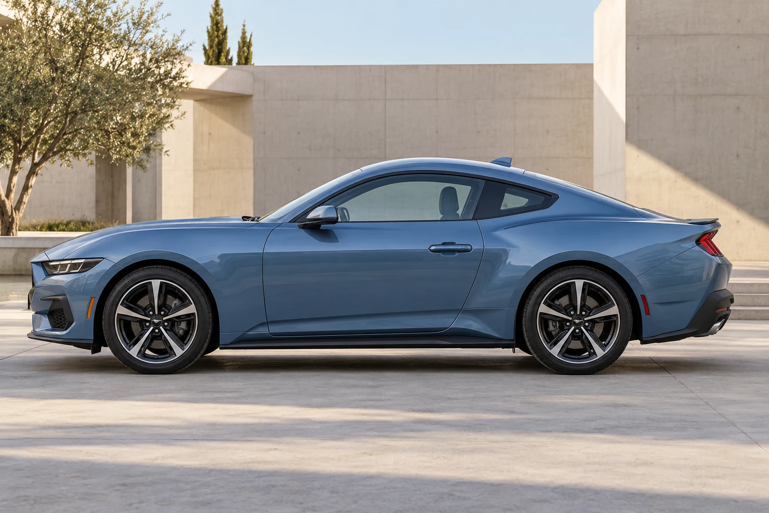 Seitenansicht (Fahrerseite) des Ford Mustang 7 als Fastback Coupé (mit KI erzeugt)