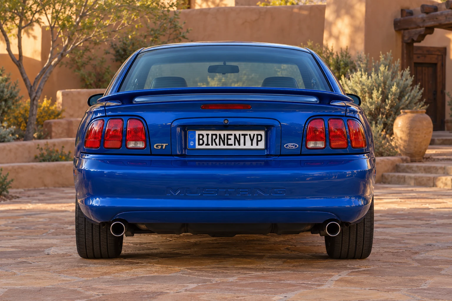 Heck-Ansicht des Ford Mustang 4 (GT / SVT Cobra / Mach 1 / Bullitt) (mit KI erzeugt)