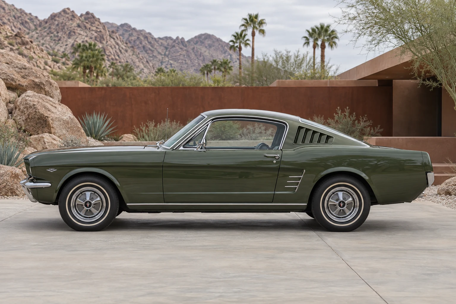 Seitenansicht (Fahrerseite) des Ford Mustang / T5 1 als Fastback 2+2 (mit KI erzeugt)